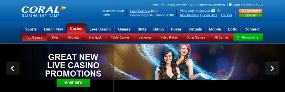 Бездепозитный бонус 10$ Coral Casino
