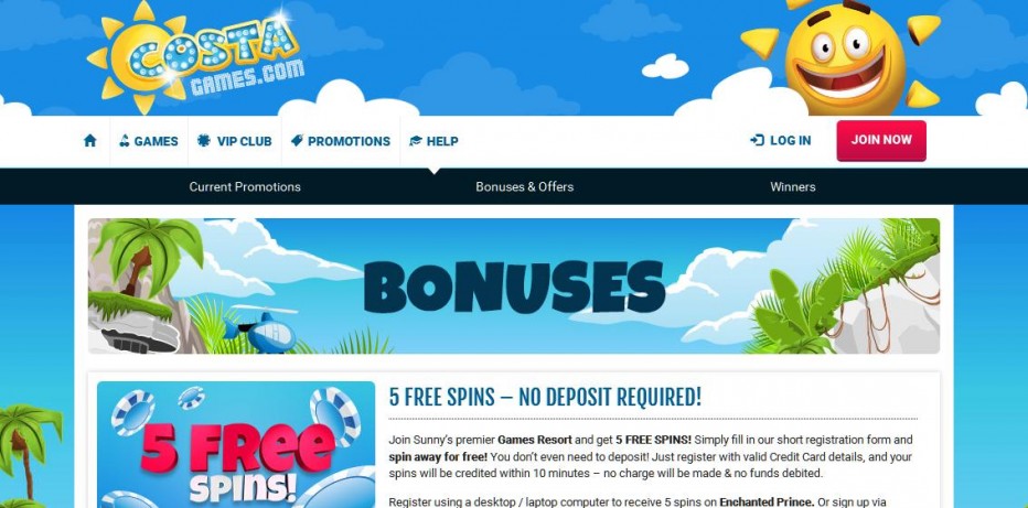 5 бесплатных вращений Costa Games Casino