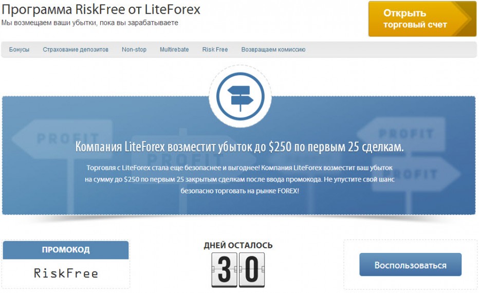 Форекс брокер LiteForex возместит убыток до $250 по первым 25 сделкам