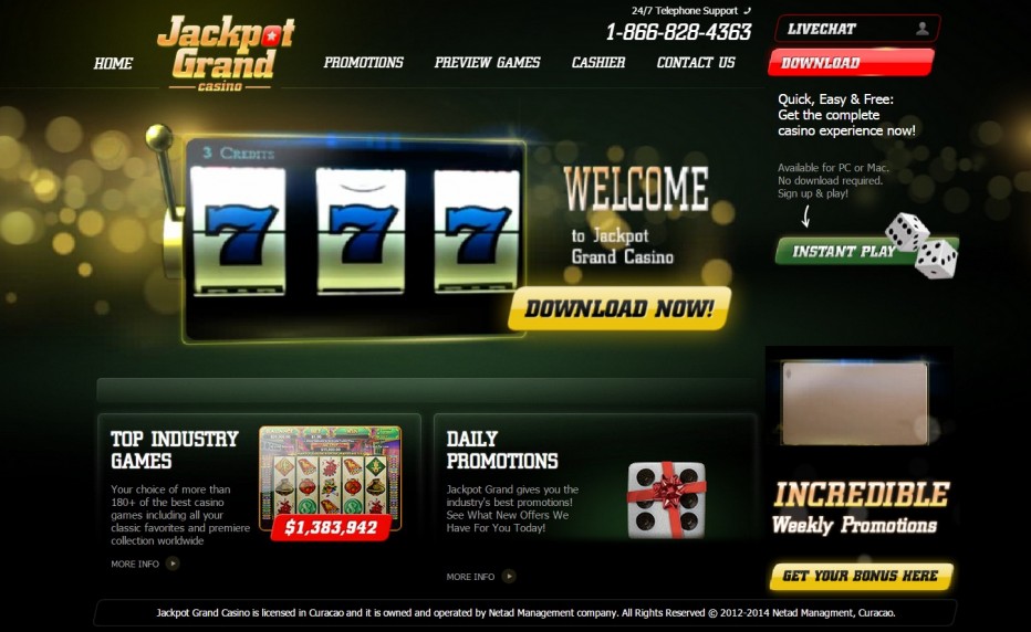 20 $ + 10 бесплатных вращений для новых игроков в казино Jackpot Grand