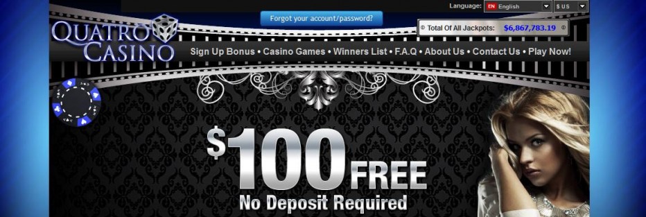 Бездепозитный бонус 100$ Quatro Casino